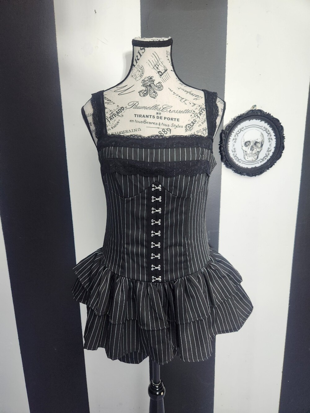 Angel Black Pinstripe Gothic Corset Romper